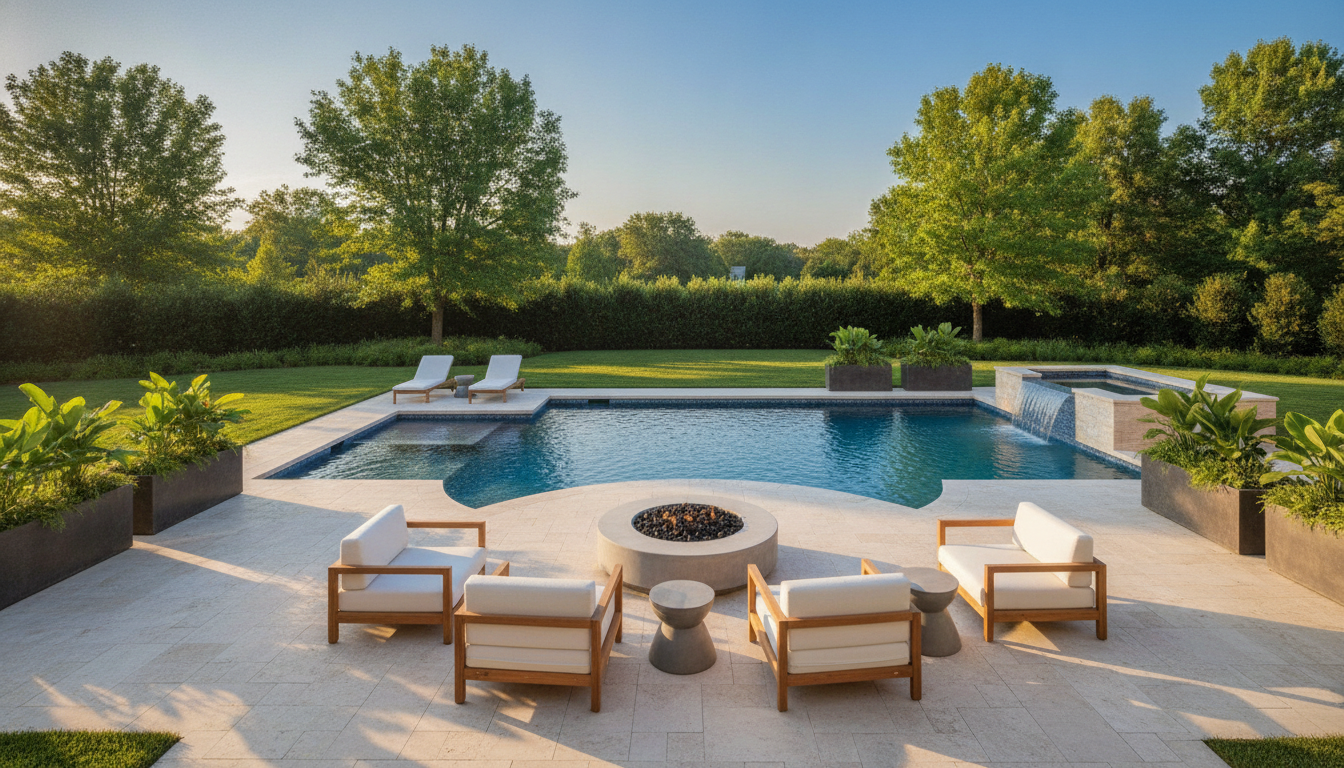 Travertine deck and fire pit for Surprise pool